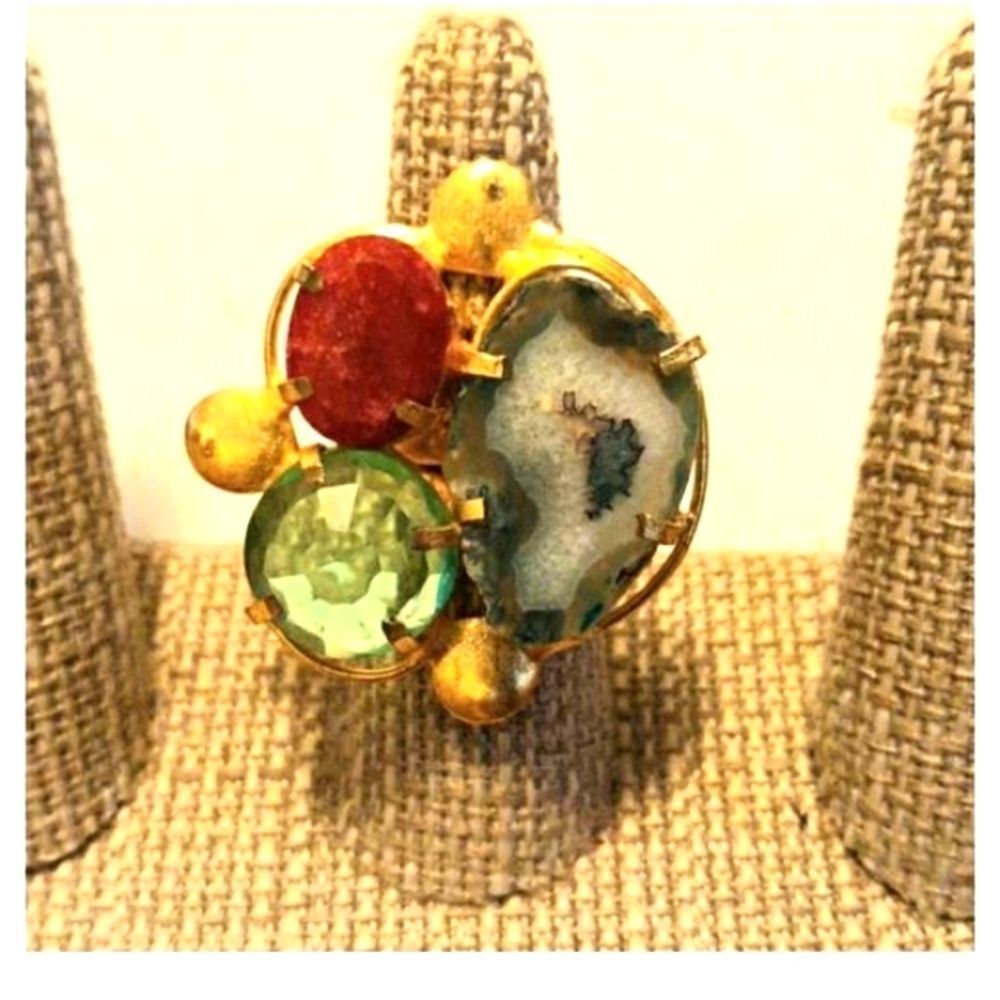 GORGEOUS VERMEIL THREE SEMIPRECIOUS STONES RING
